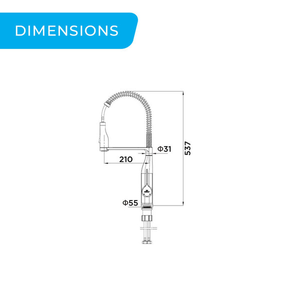 Higold BN3.0 Swan Neck Spring Pull Out Kitchen Mixer Tap Dimensions Diagram - Chrome Finish - Renovator Store Australia
