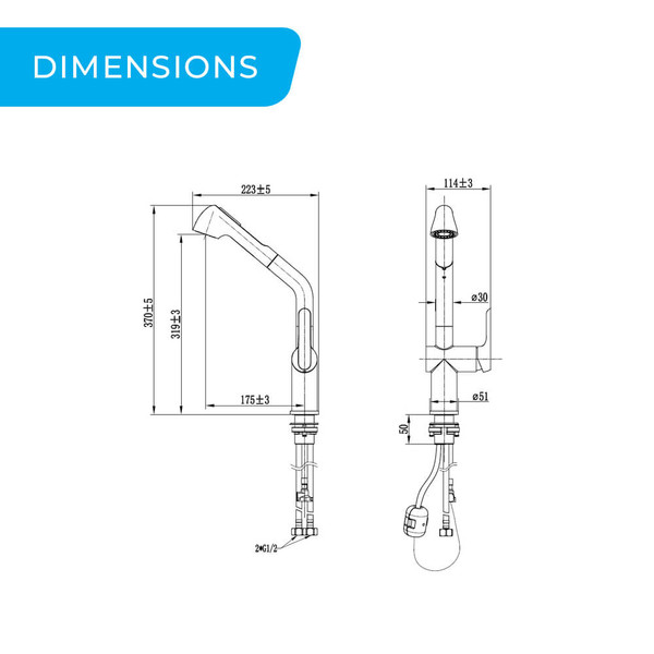 Higold BN4.0 Series Stainless Steel Kitchen Mixer Tap Dimensions Chart, 370mm Height, Melbourne Australia