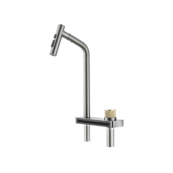 Topmount Waterfall Pull Out Kitchen Mixer Tap in PVD Grey finish, high-quality stainless steel sink faucet for modern Australian kitchens by Higold.