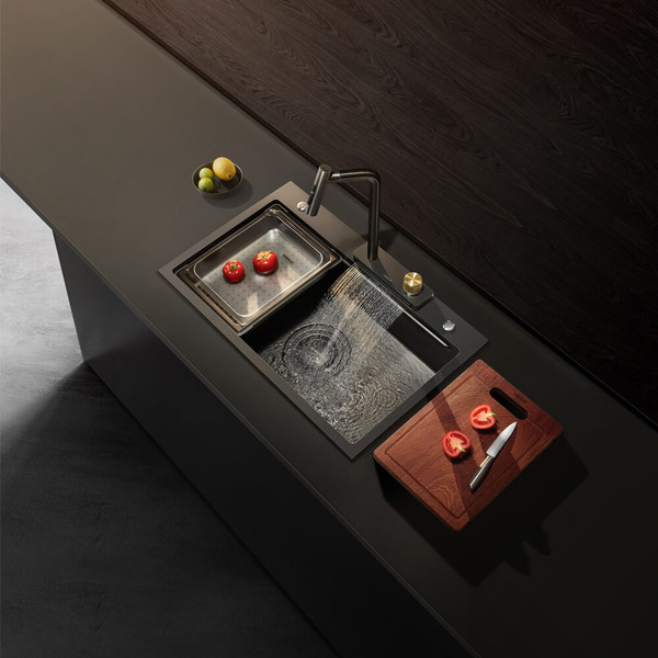 Luxury Higold topmount waterfall pull out kitchen mixer tap in PVD grey finish for modern Australian homes.