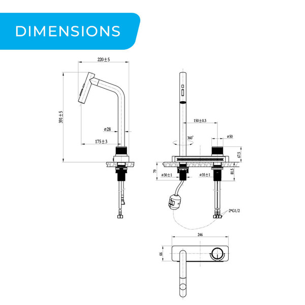 Detailed dimensions diagram for a PVD Grey Topmount Waterfall Pull Out Kitchen Mixer Tap available at Renovator Store Australia.