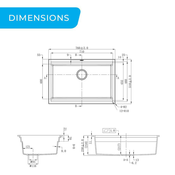 Higold-Composite-760Mm-Multi-Step-Single-Bowl-Workstation-Sink-Dimensions-Diagram