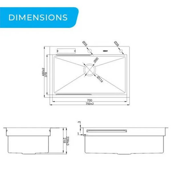 Higold-Belle-Luxe-750Mm-Single-Bowl-Workstation-Kitchen-Sink-Dimension