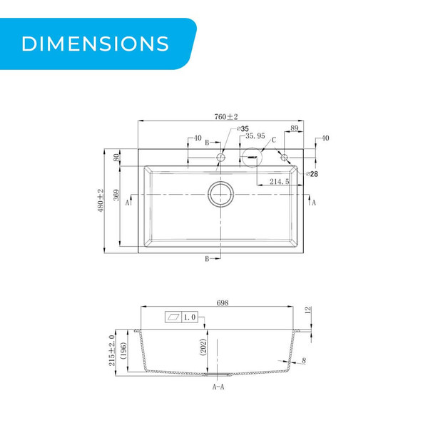 Dimensions for Higold 750mm Black Granite Composite Single Bowl Kitchen Sink, Modern Kitchen Sink Australia