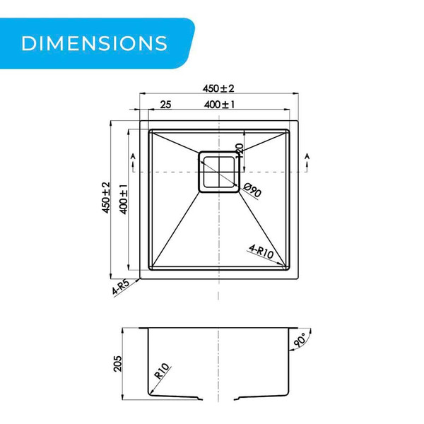 Dimensions for Higold 450x450mm Single Small Bowl Kitchen Sink, Modern Kitchen Sink Australia