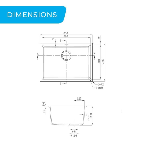 Dimensions for Higold 630mm Black Granite Composite Single Bowl Kitchen Sink, Modern Kitchen Sink Australia