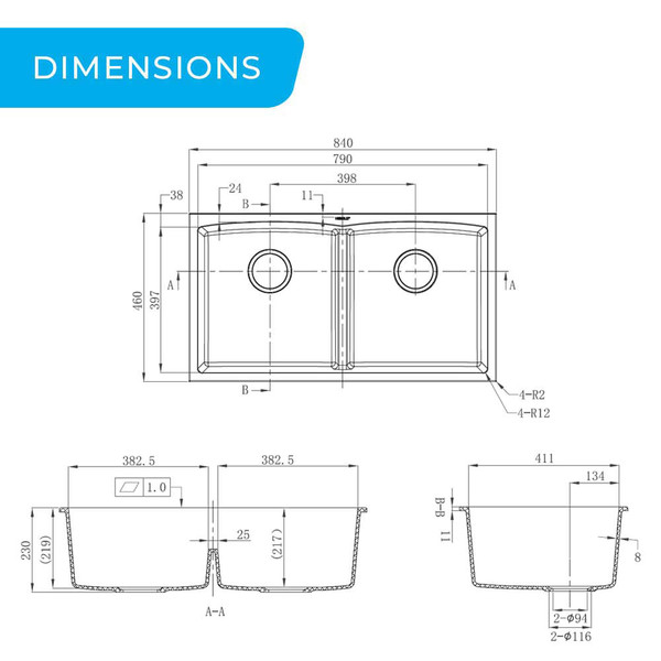 Dimensions for Higold 840mm Black Granite Composite Double Bowl Kitchen Sink, Modern Under-mount Sink Australia