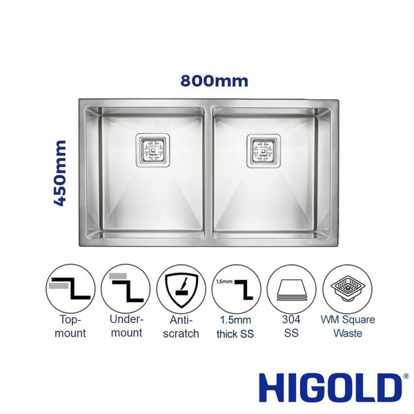 HIGOLD Vante 800mm Twin Bowl Kitchen Sink in Brushed 304 Stainless Steel, Renovator Store Australia