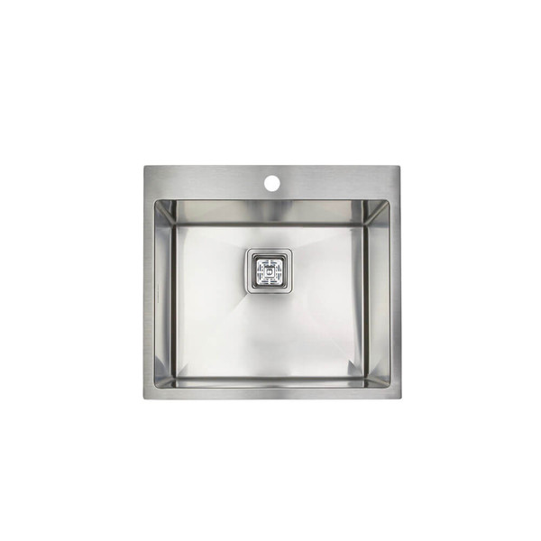Higold Vante 550mm deep single bowl kitchen sink with pre-drilled tap hole, brushed 304 stainless steel, modern R10 corners, suitable for compact Australian kitchens.