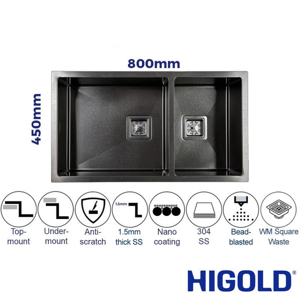 HIGOLD Vante 800mm PVD Gunblack Double Bowl Kitchen Sink featuring a nano-coated bead-blasted finish for a modern Australian home renovation.