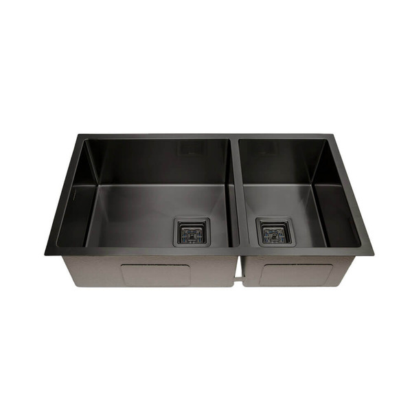Modern dark grey stainless steel double bowl kitchen sink with a sleek gunmetal finish and square waste drains for a contemporary Australian kitchen renovation.