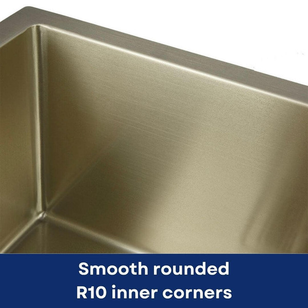 Smooth rounded inner corners of a brushed gold stainless steel kitchen sink for easy cleaning in Australia.