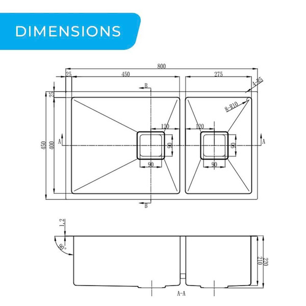 Dimensions for Higold Vante Premium 800mm Double Bowl Kitchen Sink, Modern Stainless Steel Deep Undermount Sink Australia