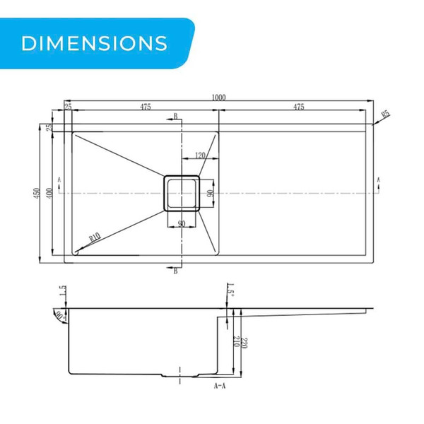 Dimensions for Higold Vante 1000mm Large Single Bowl with Drainer Kitchen Sink, Modern Stainless Steel Sink Australia