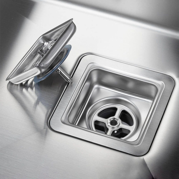 Modern square stainless steel kitchen sink waste plug and strainer basket, ideal for contemporary Australian home renovations and plumbing upgrades.