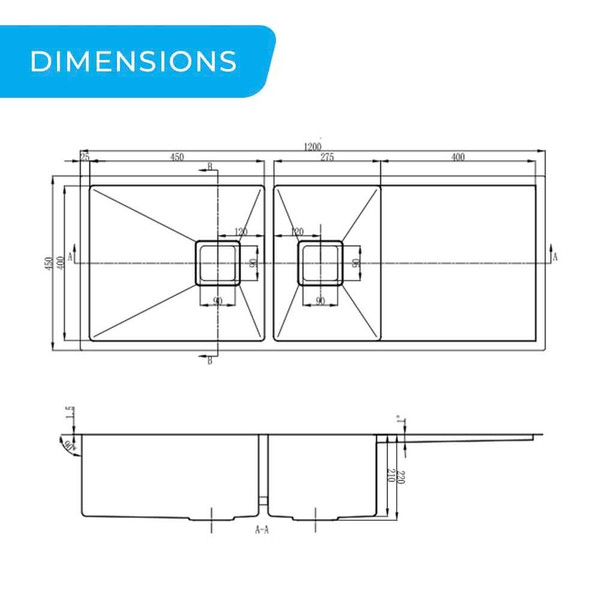 Dimensions for Higold Vante 1200mm Double Bowl Stainless Steel Kitchen Sink with Drainer, Modern Topmount Sink Australia