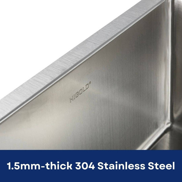 Close-up of Higold branding etched on a premium brushed stainless steel single bowl kitchen sink, available at Renovator Store Australia.