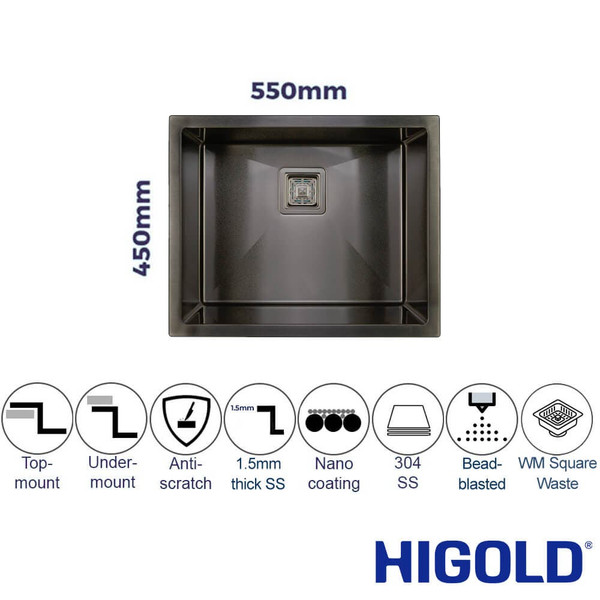 HIGOLD Vante 550mm PVD gunmetal single bowl kitchen sink with nano coated bead blasted finish for modern kitchens in Australia.
