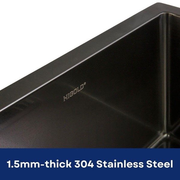 Close-up of smooth, rounded inner corners on a dark grey gunmetal stainless steel kitchen sink for easy cleaning in Australian homes.