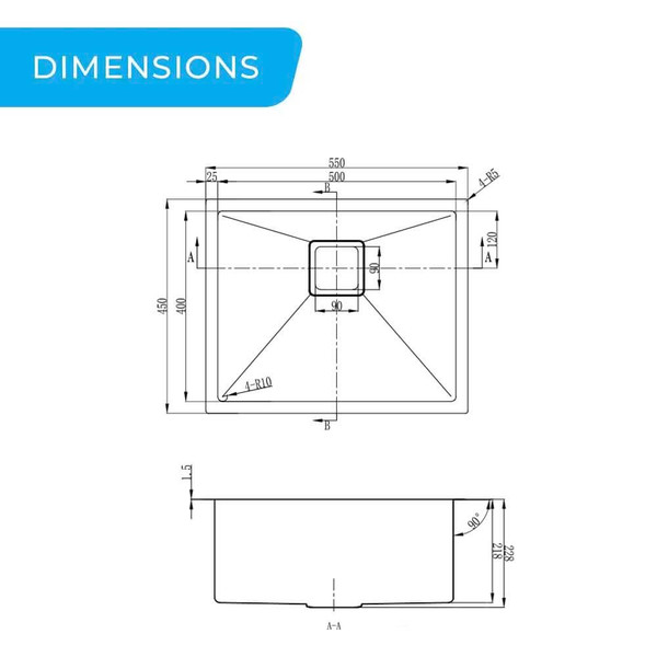 Dimensions for Higold Vante Compact 550x450mm Single Bowl Kitchen Sink, Modern Stainless Steel Sink Australia