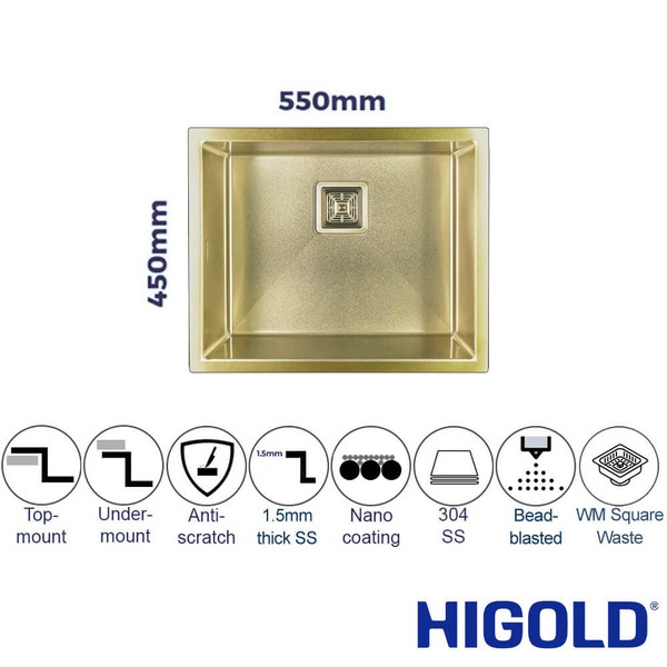 Higold Vante 550mm Single Bowl Kitchen Sink in PVD Champagne Gold, Nano Coated 304 Stainless Steel with Bead Blasted Finish, Available at Renovator Store Australia.