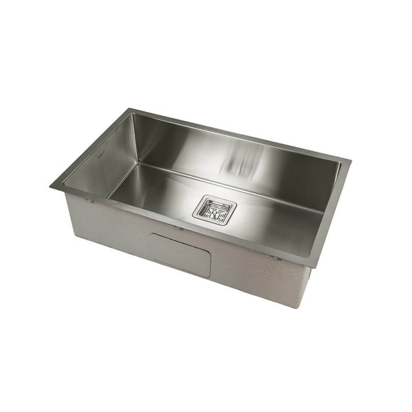 Higold Vante 750mm large single bowl brushed stainless steel kitchen sink in a modern home kitchen, Australia.