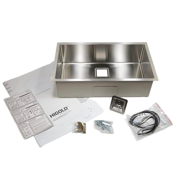 Brushed stainless steel single bowl undermount kitchen sink with square waste strainer and drainage accessories for Australian homes.