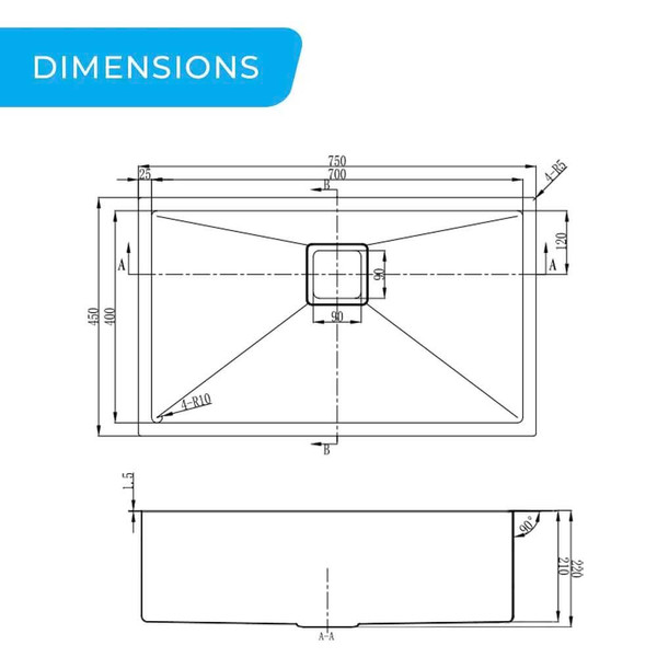 Dimensions for Higold Vante 750mm Spacious Single Large Bowl Kitchen Sink, Modern Stainless Steel Sink Australia