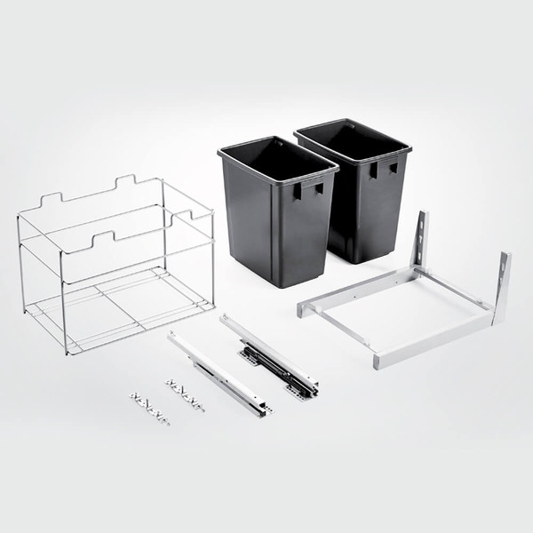 Concealed bottom-mount pull-out kitchen waste bin with dual compartments for waste and recycling, ideal for under-sink cabinet storage.