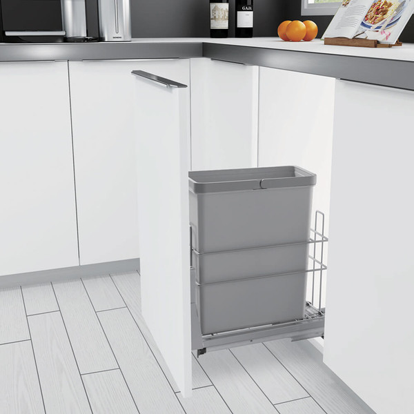 Compact 28L single slide-out concealed kitchen waste bin in grey for space-saving under-sink storage in Australian kitchen cabinets.