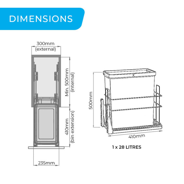 Detailed dimensions diagram for 28L single pull-out kitchen waste bin, showing installation requirements for Australian kitchen cabinets.