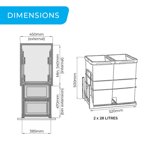 Detailed dimensions diagram for 56L twin pull-out kitchen waste bin, showing 450mm cabinet installation requirements for Australian kitchens.