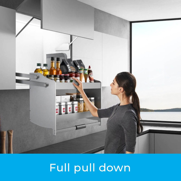 Higold Shearer Kitchen Pull Down Lift Basket in Full Down Position, Modern Overhead Cabinet Storage Solution, Australia.