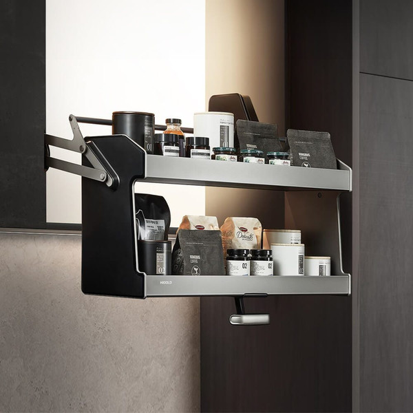 Higold Shearer Nebula Pull Down Kitchen Overhead Cabinet Storage Lift System in Matte Grey for Australian Modern Kitchens.