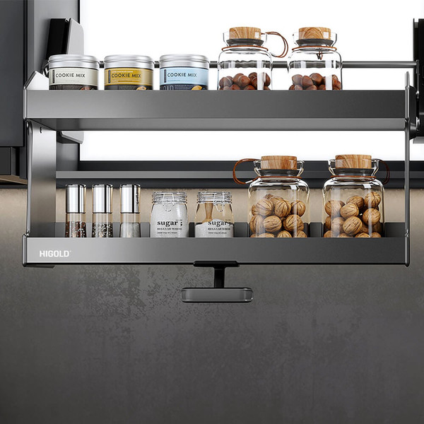 Modern kitchen pull down lift basket storage system for overhead cabinets in Australia.