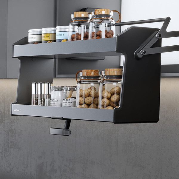 Higold Pull-Down Kitchen Cabinet Storage System, Modern Overhead Cupboard Organiser, Renovator Store Australia.