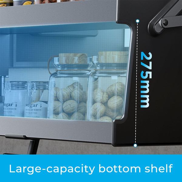 Modern kitchen overhead cabinet pull-down lift system with two grey storage shelves, ideal for maximizing accessibility in Australian homes.