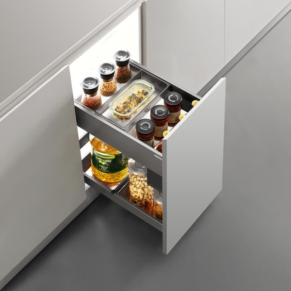 Modern pull-out kitchen cupboard organiser with grey seasoning baskets and rose gold accents for a 400mm wide cabinet, available at Renovator Store Australia.