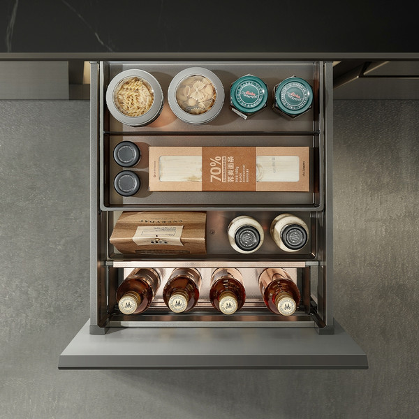 Modern 2-tier pull-out kitchen cabinet organiser with grey storage baskets and stainless steel rails for under-bench pantry storage in Australia.