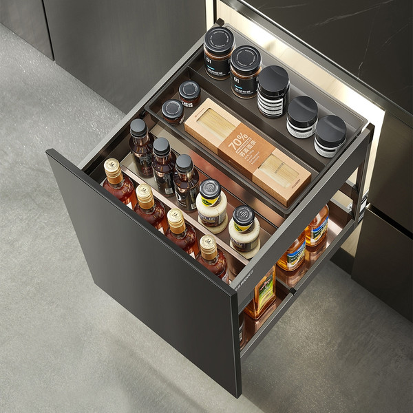 Modern grey pull-out kitchen cabinet organiser with multi-tier storage baskets, ideal for 450mm standard pantry cupboards in Australian homes.