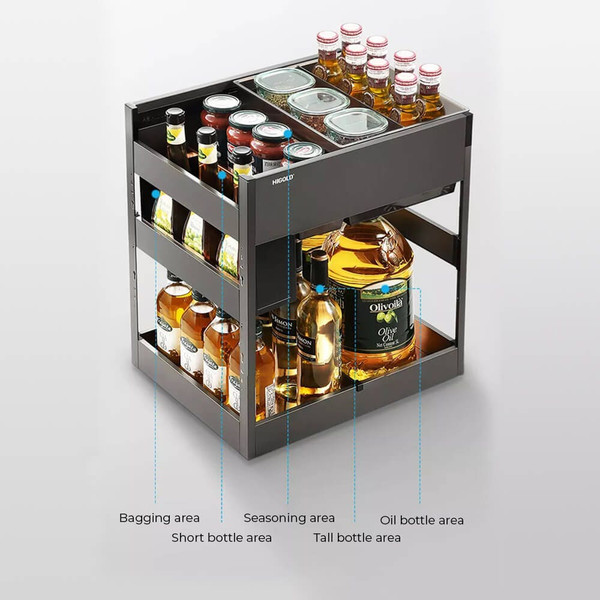 HIGOLD Shearer 4.0 2-tier pull out seasoning basket with aluminum dividers for kitchen cabinet storage organization in Australia.