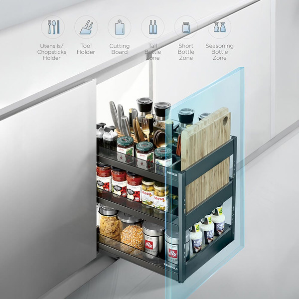 Higold Shearer kitchen pull out cupboard organiser with multiple storage zones for bottles and knives in an Australian home kitchen.