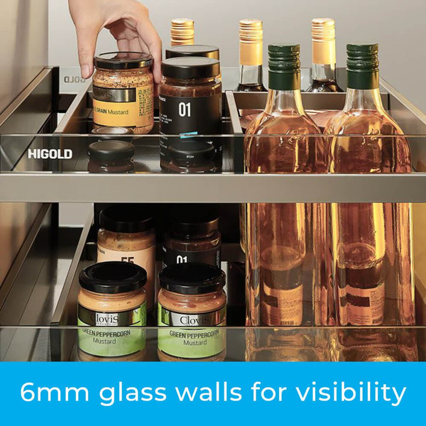 Shearer pull-out under-bench kitchen condiment organiser with 3 glass walls for modern pantry storage in Australia.