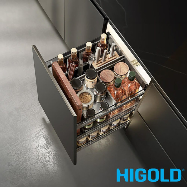 Higold Shearer Luxe Kitchen Cupboard Organiser, 450mm Aluminium Shelf with Glass Walls, Modern Pantry Storage Solution Australia