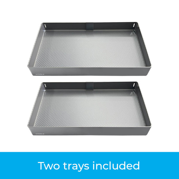 Modern underbench pull-out kitchen storage with two grey trays and soft-close runners for organized cabinet space in Melbourne, Australia.