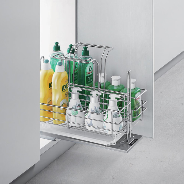 Pull-out dual-tier chrome wire baskets for efficient under-sink kitchen cabinet storage and organization.