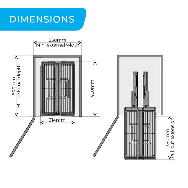 Dimensions of a soft-close under-sink cleaning storage pull-out for a 350mm kitchen cabinet in Australia.