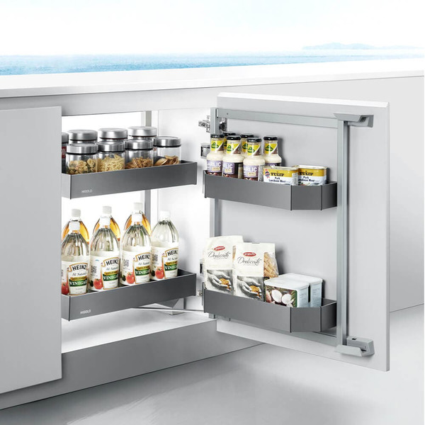 Modern kitchen pantry storage open out unit with adjustable baskets inside a white wooden cabinet.