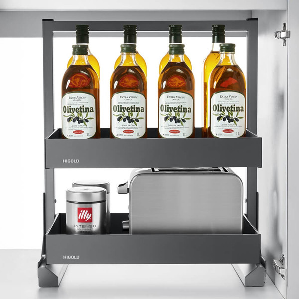 Open Out Tandem Mini Pantry Kitchen Storage with Adjustable Baskets and Grey Wire Shelving for Underbench Cabinets in Australia