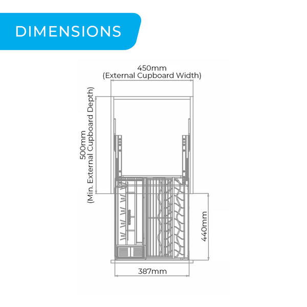Higold Diamond Style Underbench Kitchen Organiser 450mm external cupboard dimensions diagram for kitchen storage in Australia.